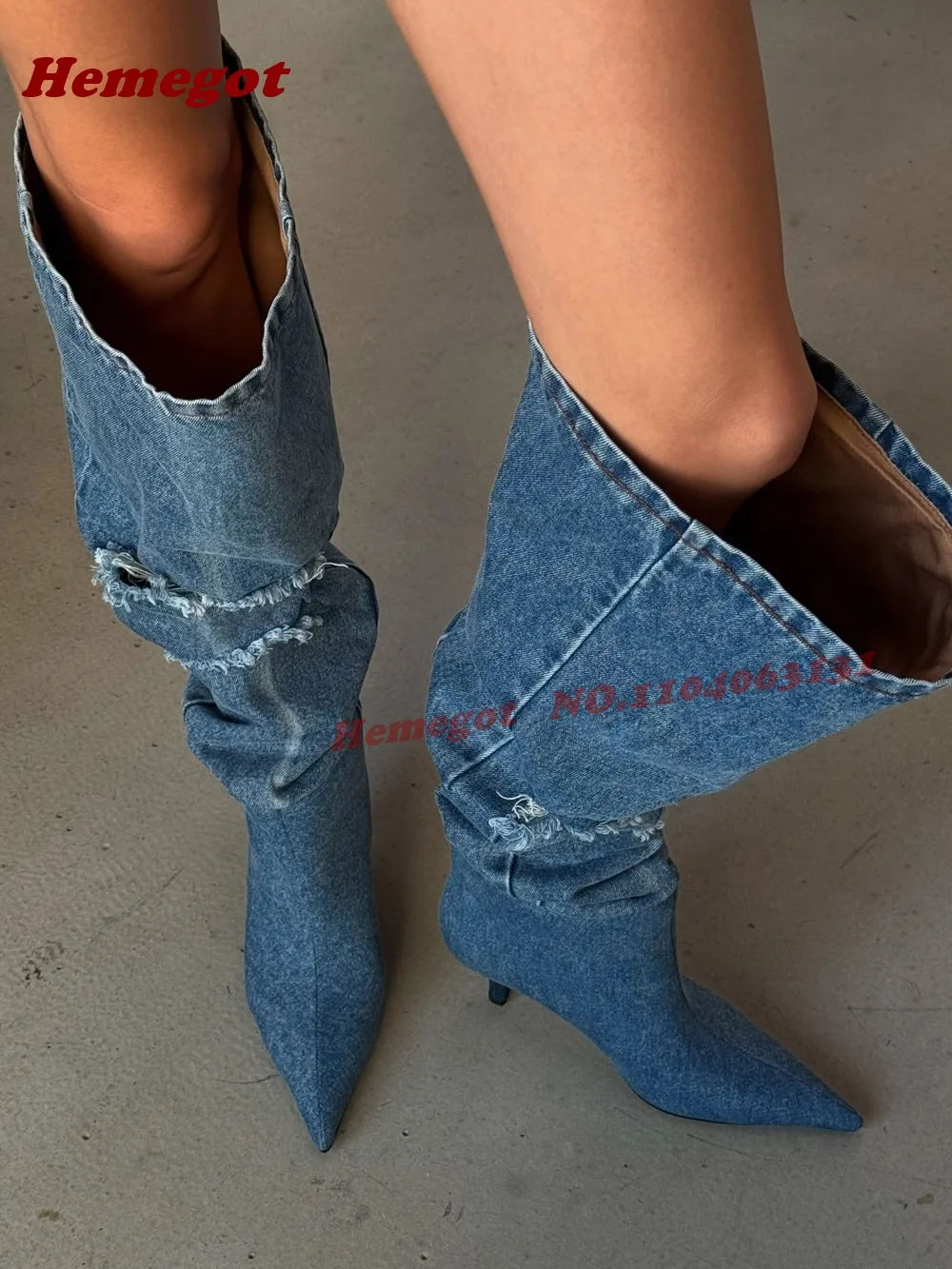 Denim Fringe Pleated Knee High Boots Pointed Toe Stiletto High Heels Women's Long Boots Winter Patchwork Casual Shoes 2026 New
