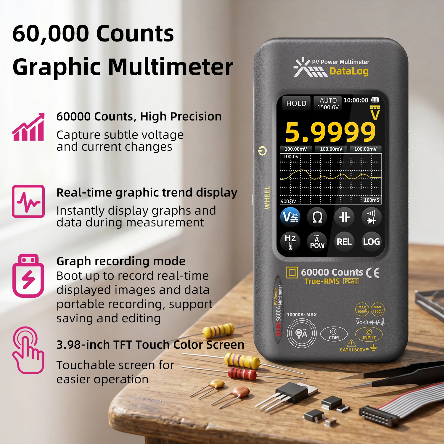 Intelligent graphical multimeter, power testing, 6000-digit counter display, 1500V DC voltage testing, data logging.