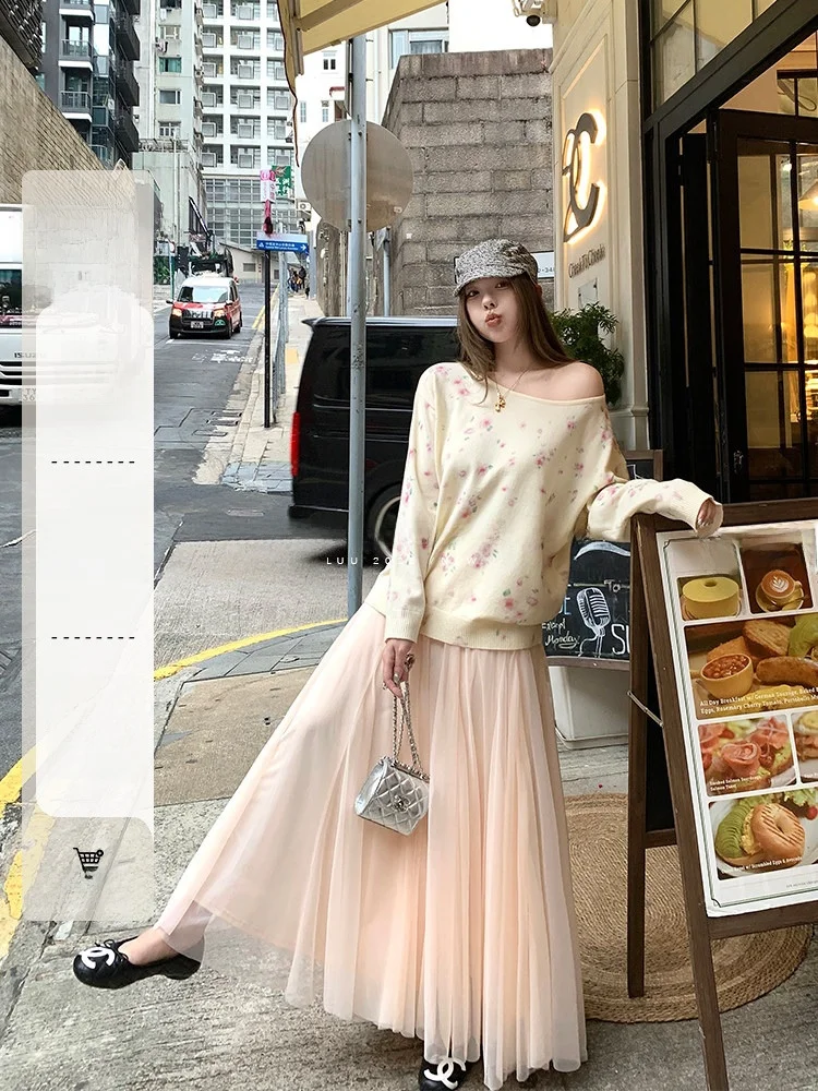 

LUU Cherry Plum A-Line Maxi Skirt Women's Spring Autumn Elastic Waist Gauze Half Skirt Design Sense Skirts Korean Style
