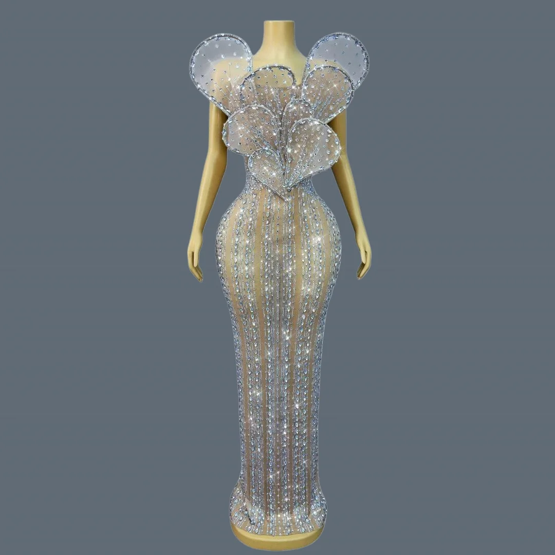 

Luxury Sparkly Silver Crystals Mesh Cocktail Dress Designer Luxury Long Dresses Sexy Women Nightclub Party Evening Gown Yehuaban
