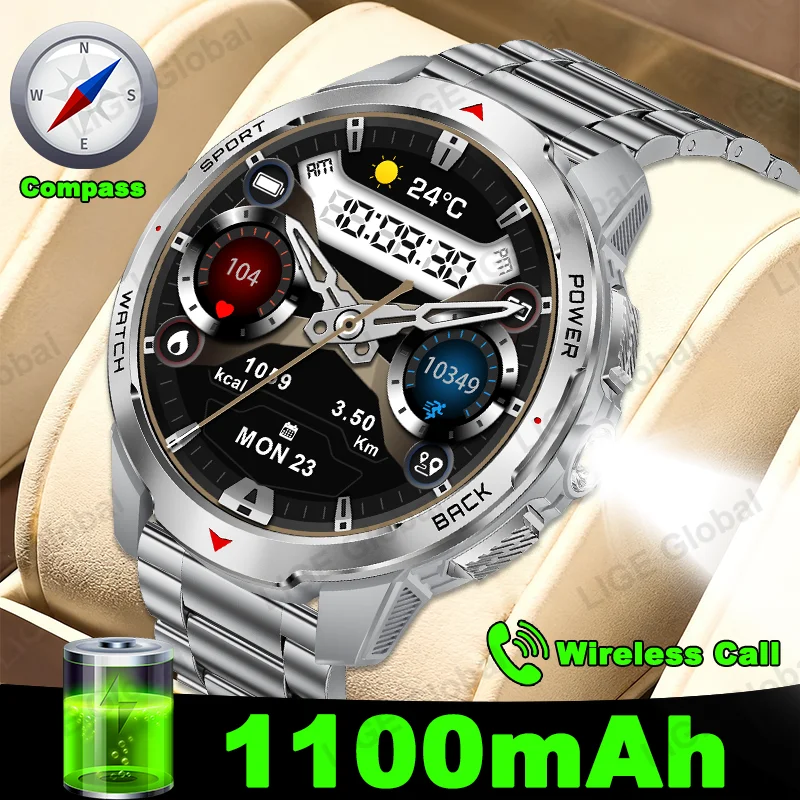 

LIGE Military Smart Watch Men 1100mAh Battery Outdoors LED Flashlight Compass Heart Rate 3ATM Sports BT Call 1.7" HD Smartwatch