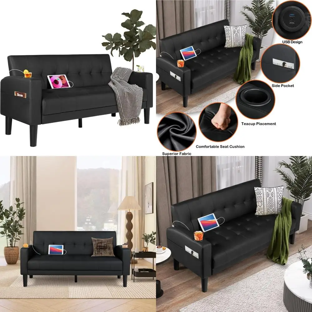 أريكة بمقعدين حديثة من منتصف القرن مع منافذ USB وحاملات أكواب وجيوب جانبية وأرائك مقعد من الجلد المنجد