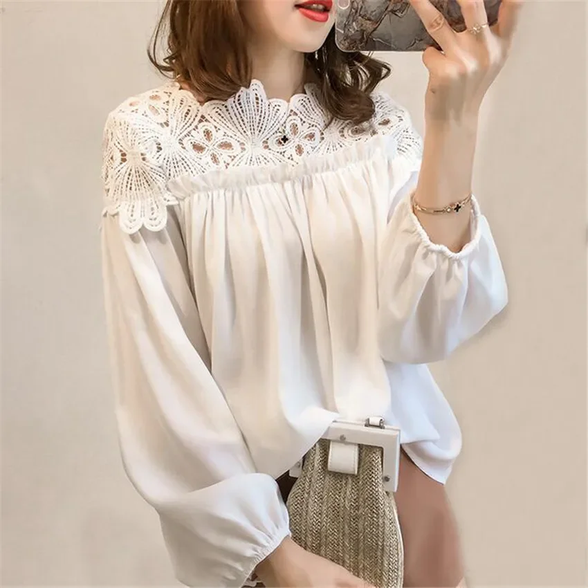 

Women Chiffon Blouse Tops Spring Autumn Loose White Lace Blouses Female Long Sleeve Shirt Hollow Out OL Shirts Plus Size LU235