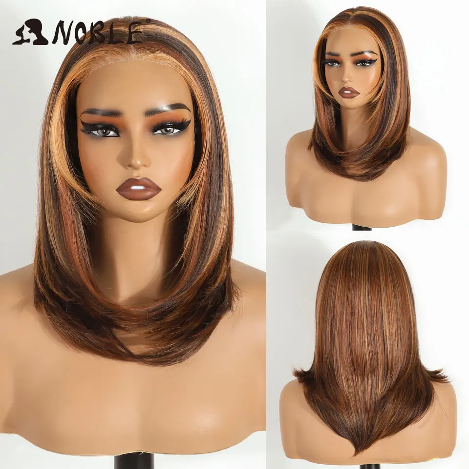 NOBLE 16 Zoll 6x4 Lace-Front-Perücke aus Kunsthaar, Ombre Aschblond mit dunklem Ansatz, hitzebeständige Faser, klebefreie Perücke für Damen – Detail 9
