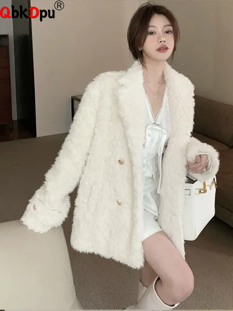 

Korean Design Faux Fur Thick Jackets Tops Women Lapel Neck Double Breasted Chamarras Winter Warm Long Sleeve Solid Abrigos New