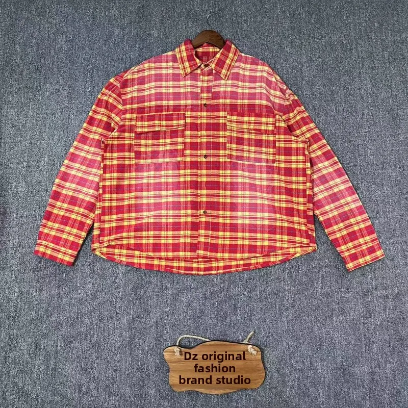 

2024 New FAR WASHED FLANNEL PLaid Shirt Jacket American Style Distressed Washed Ink Spray Long Sleeve Loose Fit Autumn Shirt