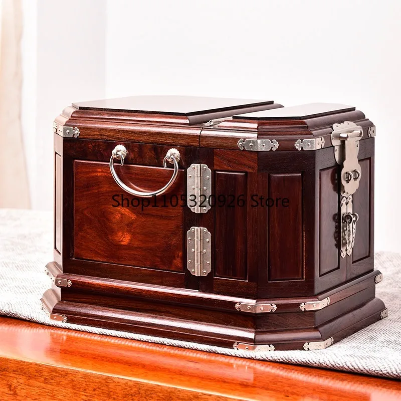 Big red rosewood jewelry box mahogany jewelry storage box solid wood retro high-end hardware wedding jewelry box makeup mirror