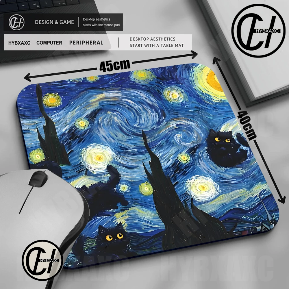 Cute Black Cats Mouse Pad XS Gaming Accessories Office Gamer Keyboard Mat Non-Slip Laptop Van Gogh Starry Night Design Mousepad