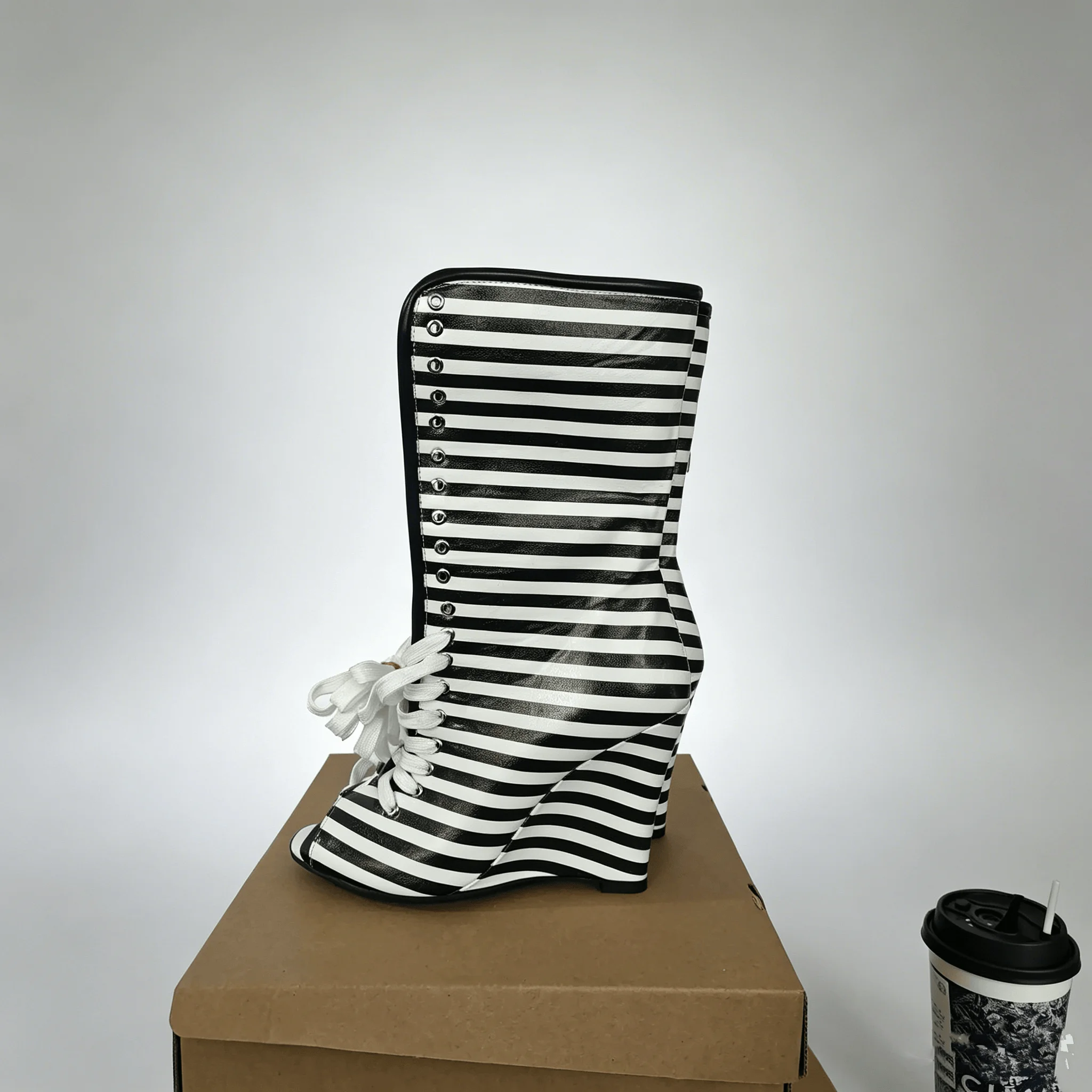 Stylish Luxury Brand Striped Wedges Mid-Calf Boots Lace Up Peep Toe Sewing Vintage Cross Straps Women Autumn Party Short Booties