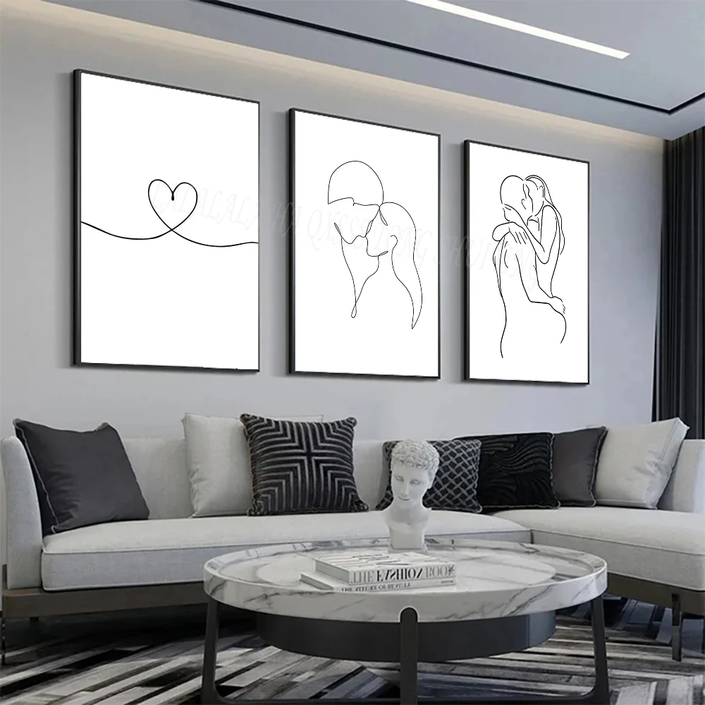 1pc Black White Couple Line Wall Art Canvas Painting Line Drawing Hand Love Kiss Poster Stickers Art Wall Murals Decor Game