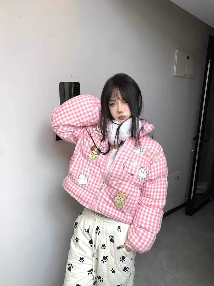

Winter Thick Plaid Parkas Coats Women Y2K Cute Cartoon Print Warm Crop Down Jacket Fashion Korean Loose Preppy Zipper Outerwear