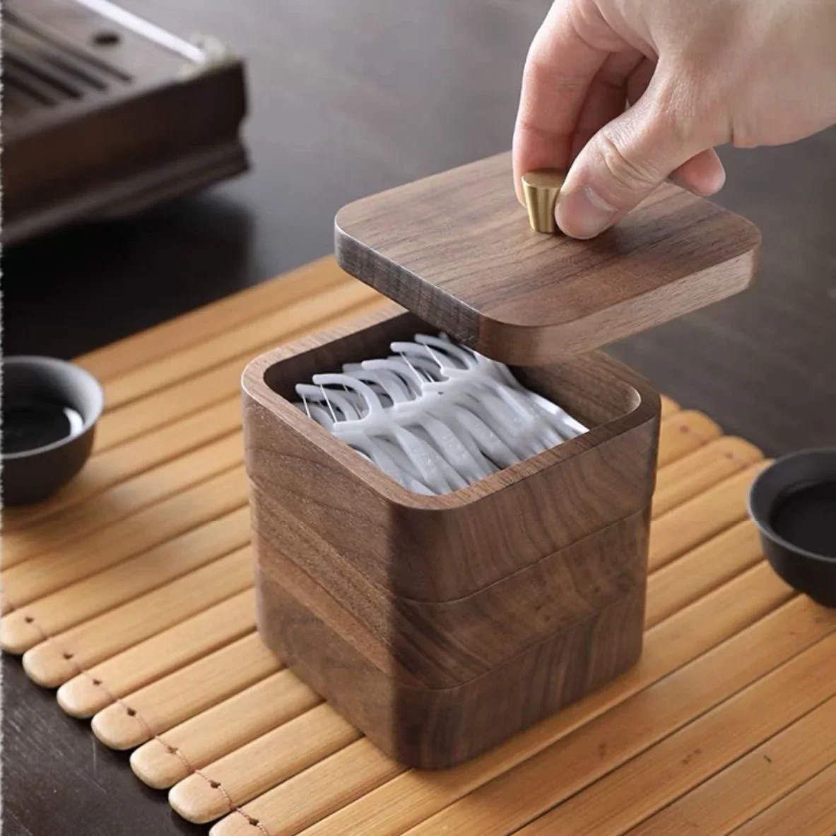 High-grade Black Walnut Wooden Dental Floss Box Double Storage Box Household Toothpick Cotton Swab Box Jewelry Storage Box