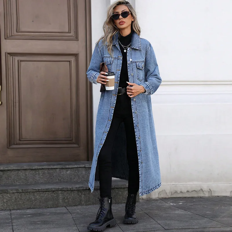 

Women's Stylish Denim Long Jacket Fashion Autumn 2025 Top Outerwear Trendy Garment for Casual Occasions