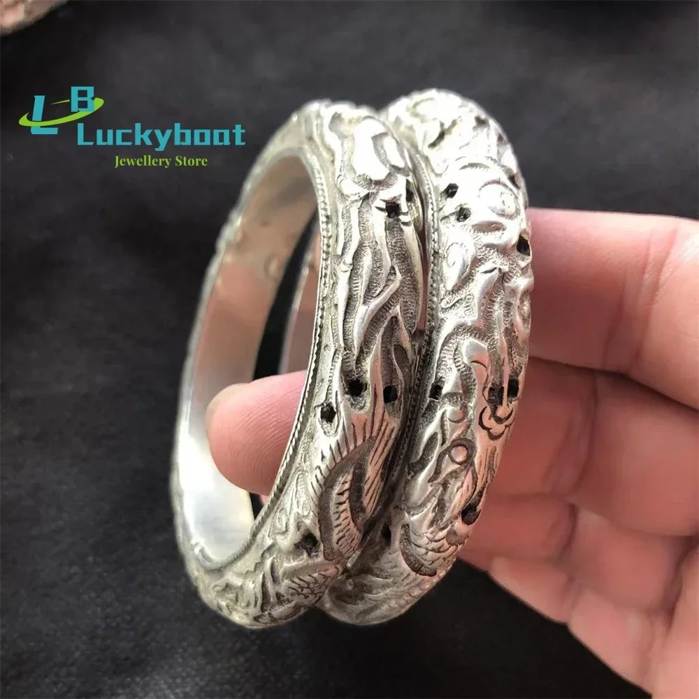 Vintage White Copper Silver-Plated Hollow Double Dragon Bracelet Made Of Old Tibetan Silver Bracelet Miao Silver Jewelry