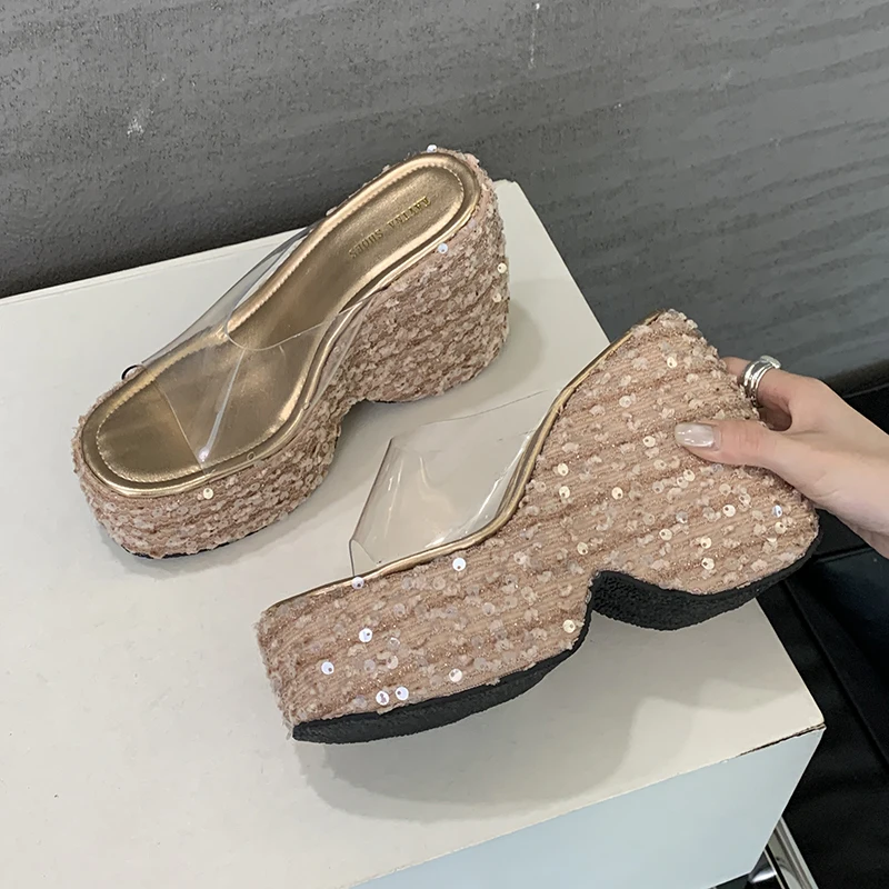 

ZOOKERLIN Women Shoes Fashion Casual Flip Flops Summer Vintage Sequin Transparent Slides Peep Toe Wedges Women Slippers Sandals