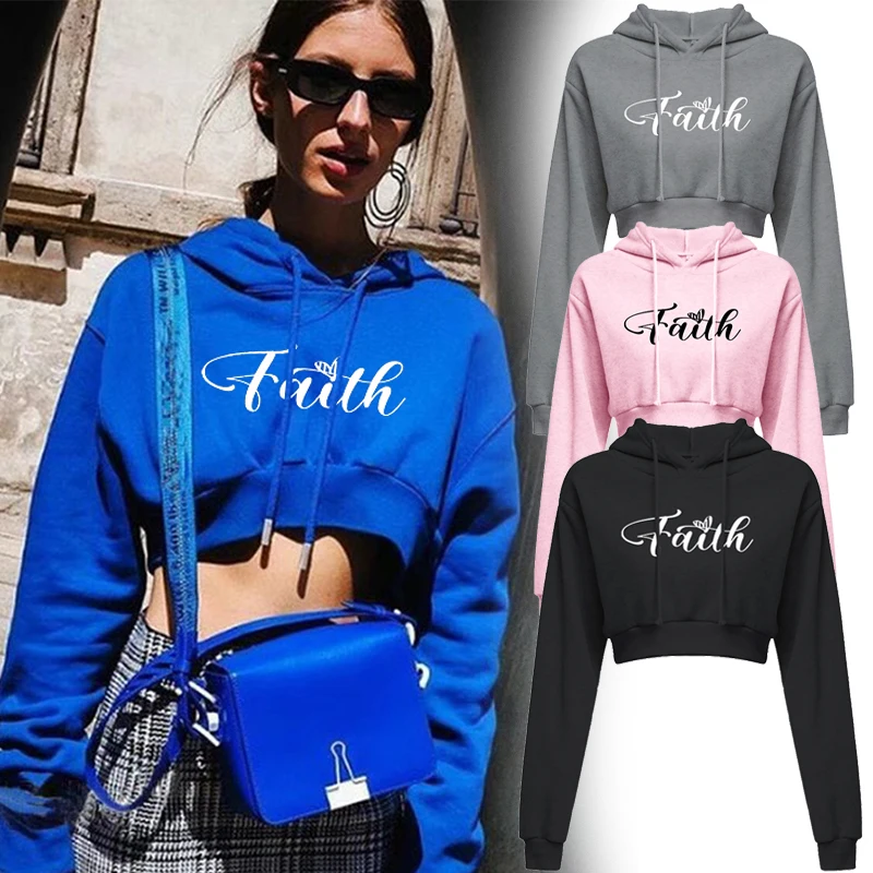 Mode Glaube gedruckt Langarm Sweatshirt Frauen Kapuze Herbst und Winter sexy kurze Hoodies/Pullover