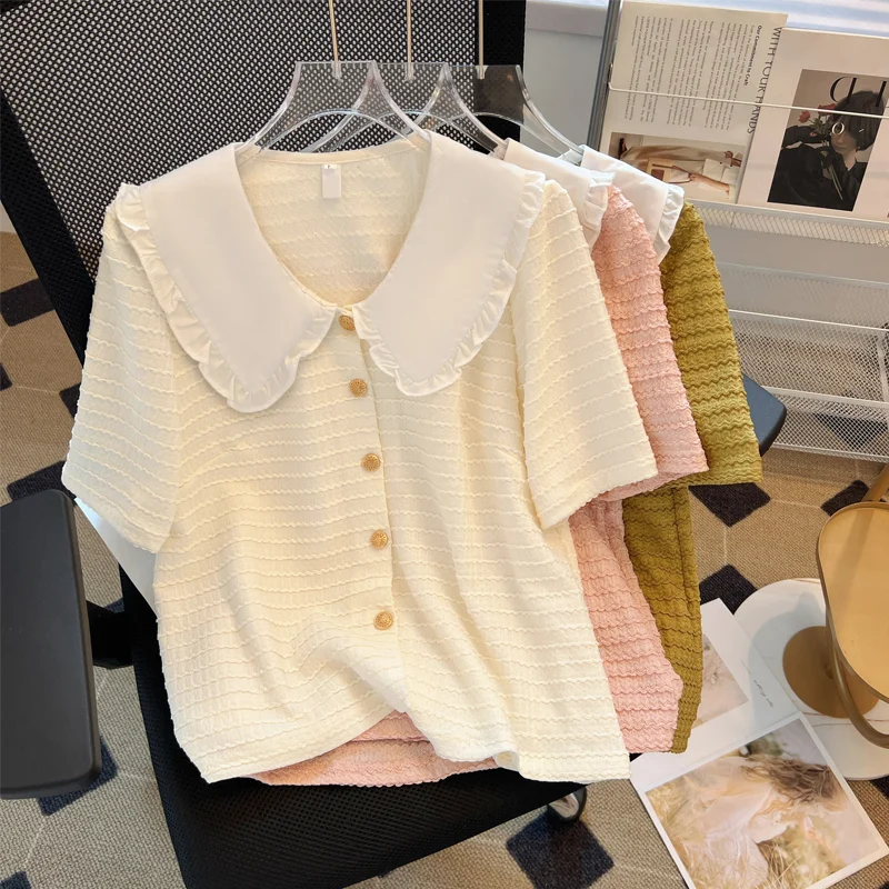 Korean Patchwork Contrast Loose Blouse Summer New Short Sleeve Solid Button Pleated Fashion Sweet Temperament Women Clothing