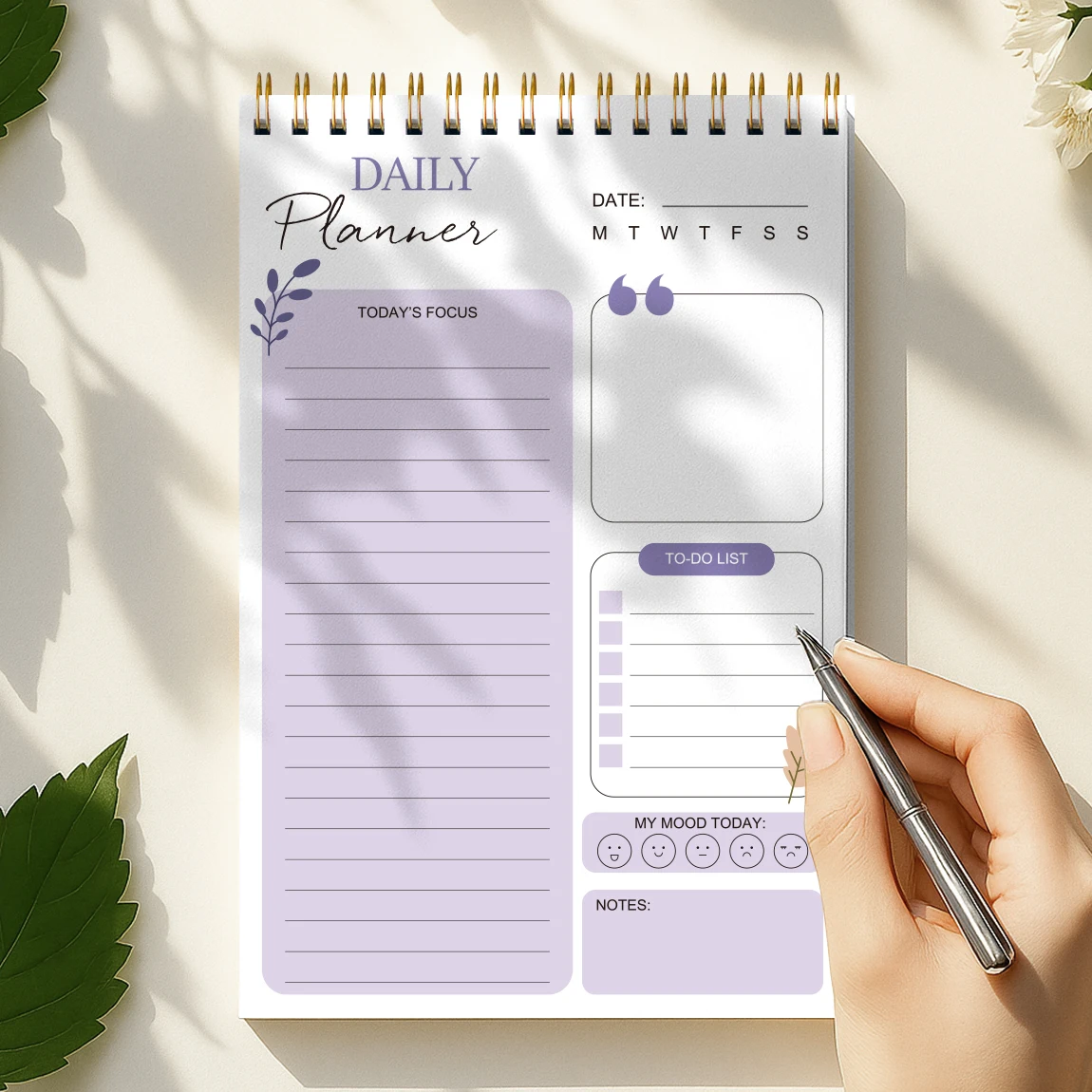 

Lavender Daily Planner Spiral Notebook, A5 Undated Day Planner with to Do List, Mood Tracker and Notes
