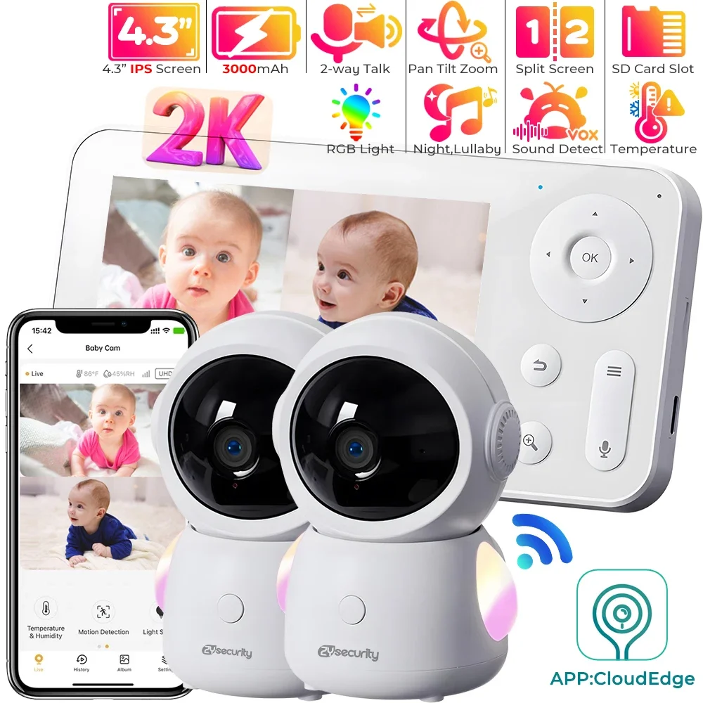 2K 3MP WiFi Baby Monitor via APP Control Baby Phone with Two Camera Split-Screen PTZ Baby Camera 4.3