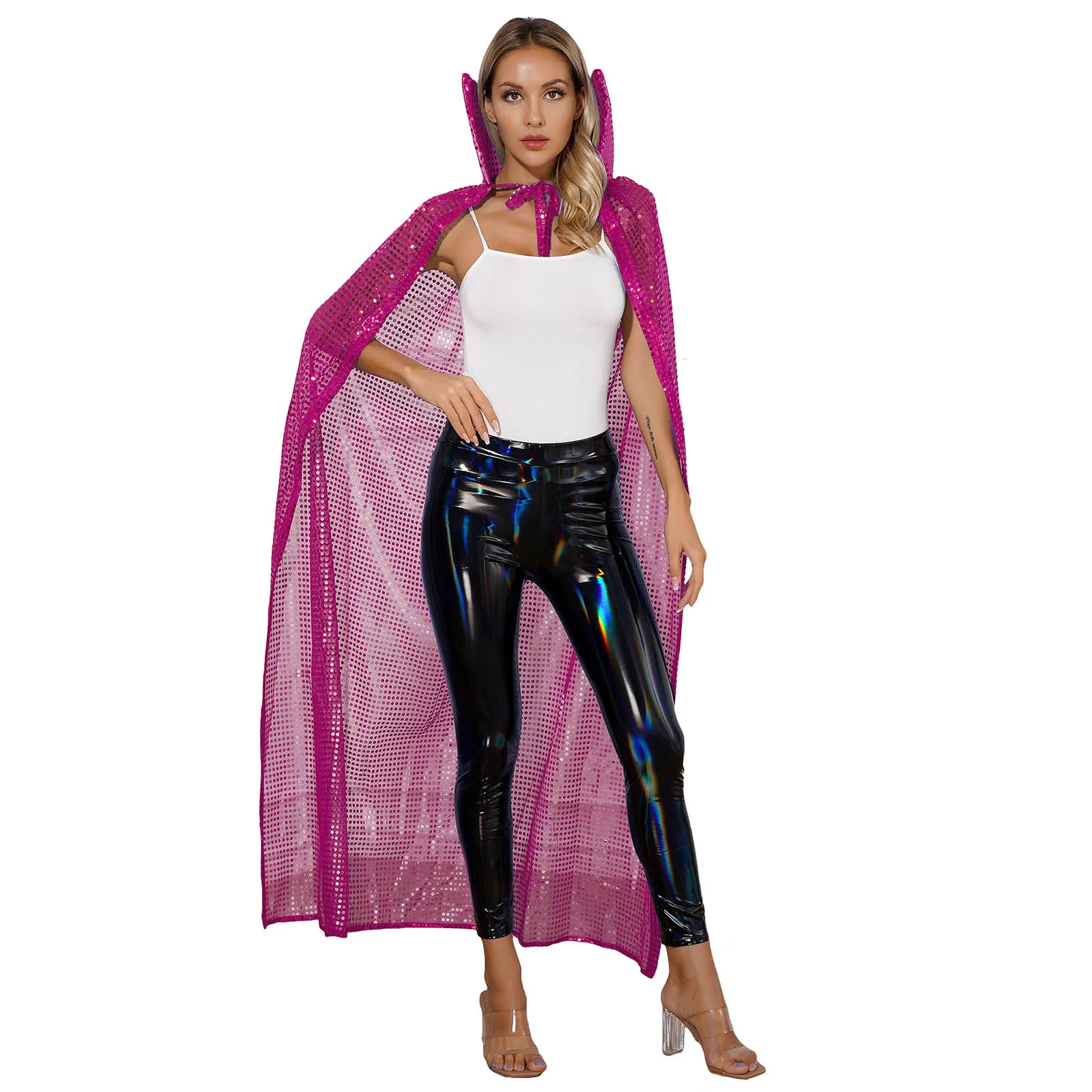 

Womens Cosplay Coat Shiny Sequin Long Cloak Stand Collar Self-Tie Maxi Cape Costumes Halloween Christmas Party Performance