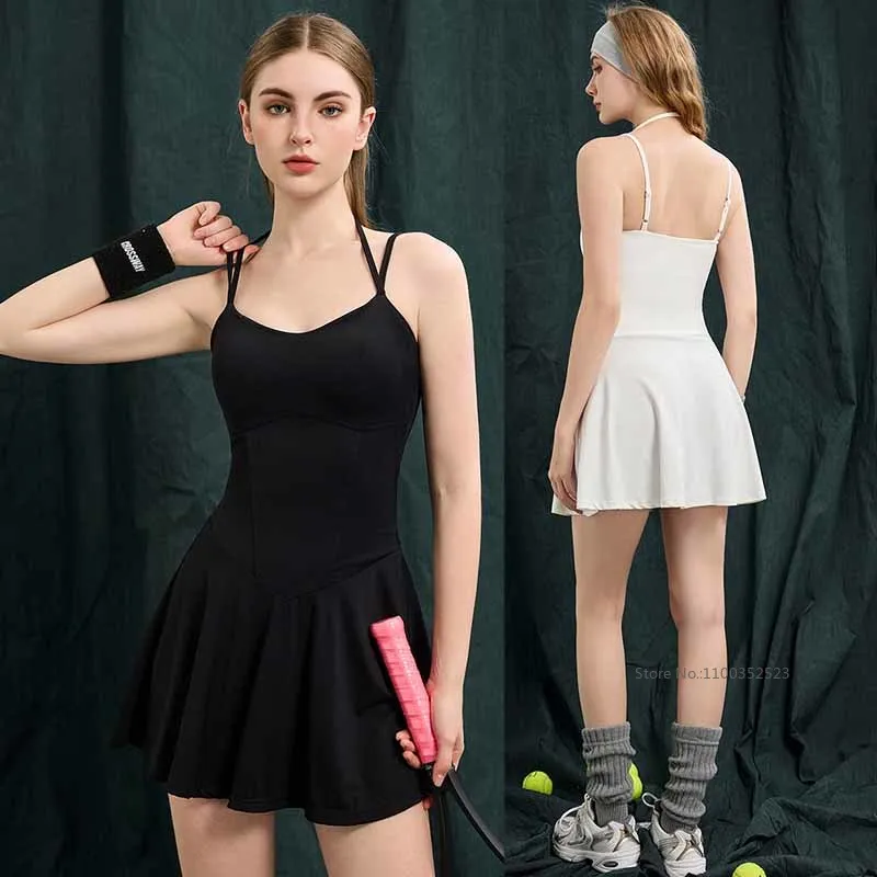 Summer Sports Golf Tennis Dress with Short and Bra Women Halter Slip Dress V-Neck Gym Tennis Workout Skirts Fitness Pilates
