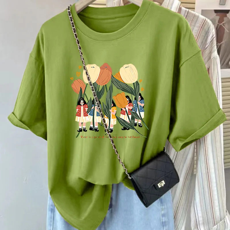 الملابس النسائية الأزهار القطن الخالص عارضة تي شيرت الصيف تنوعا فضفاضة قصيرة الأكمام تيز سيدة الأساسية طاقم الرقبة بلوزات على الموضة #2