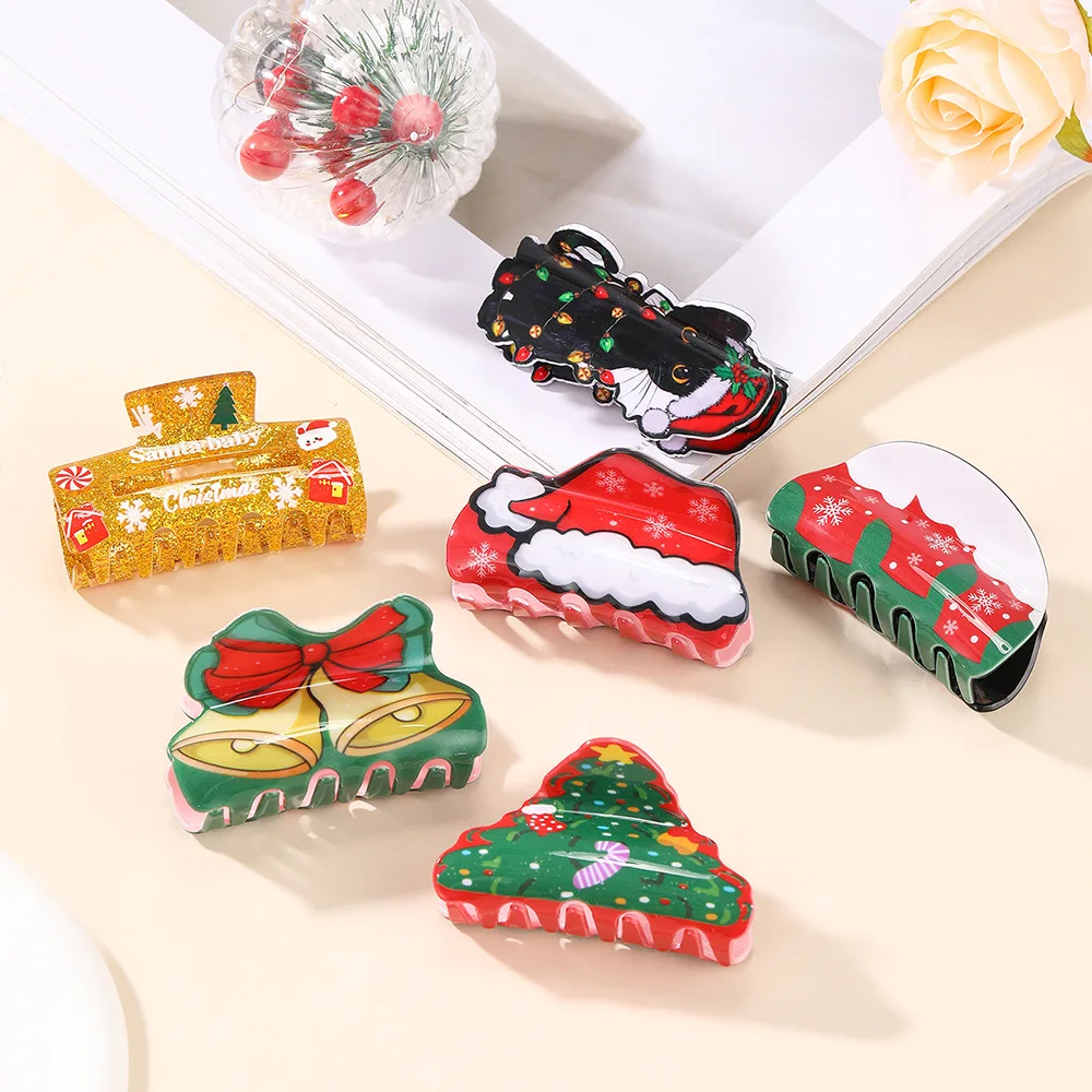 

Sweet Christmas Hair Clip for Women Kids Ponytail Hair Claw Xmas Holiday Theme Print Hair Accessory Bell Christmas Hat Headwear