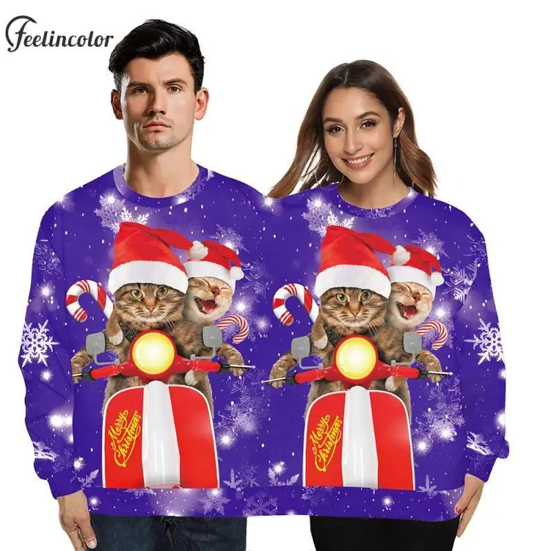 

Couples Ugly Christmas Cat Graphic Sweatshirt Xmas Famliy Party Pullover Autumn Winter Casual Hoodies Purple Men Women Clothes