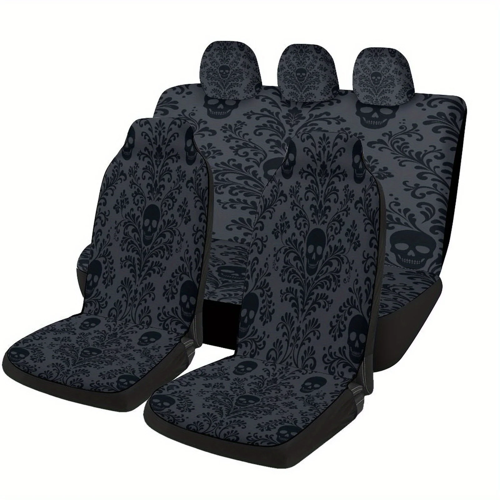 Gothic Skull Damask Design Designed Car Seat Cover Set For Most Cars, High-quality Comfortable Car Seat Protector Covers Full Se