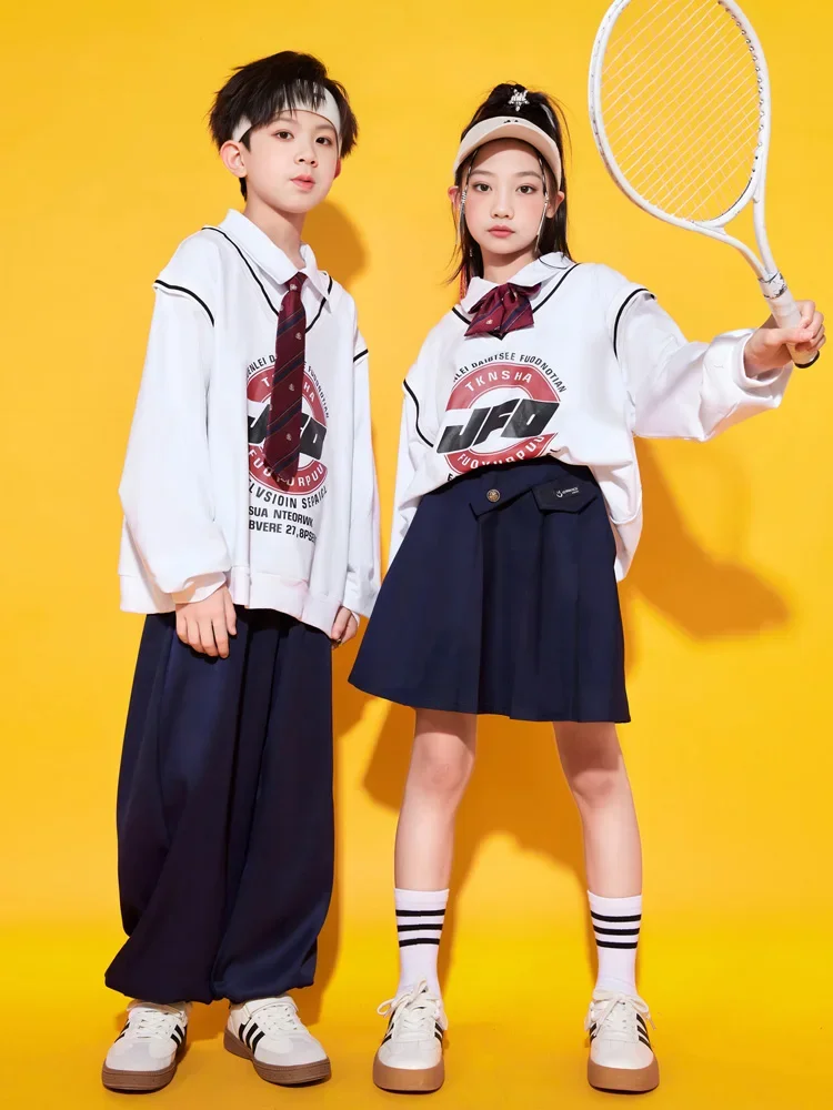 Jungen Hip Hop Kleidung College Stil gefälschte zweiteilige Top Marine Hosen Rock für Mädchen Kinder Jazz Dance Kostüm Kleidung Set