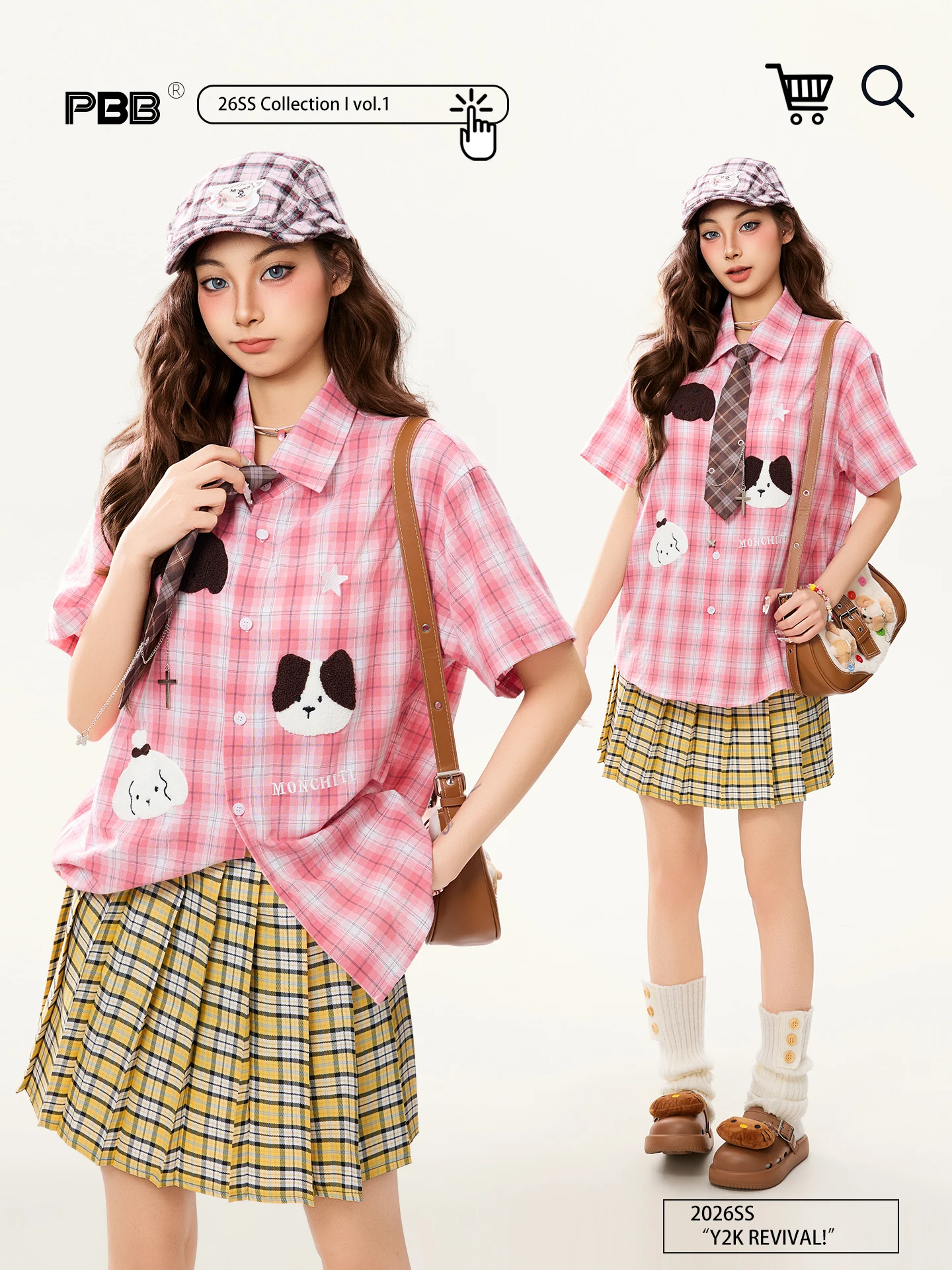 

PBB Pink Plaid Dog Patchwork Embroidery ort Sve Women's Casual irt American Sle Youthful Netie Summer Top