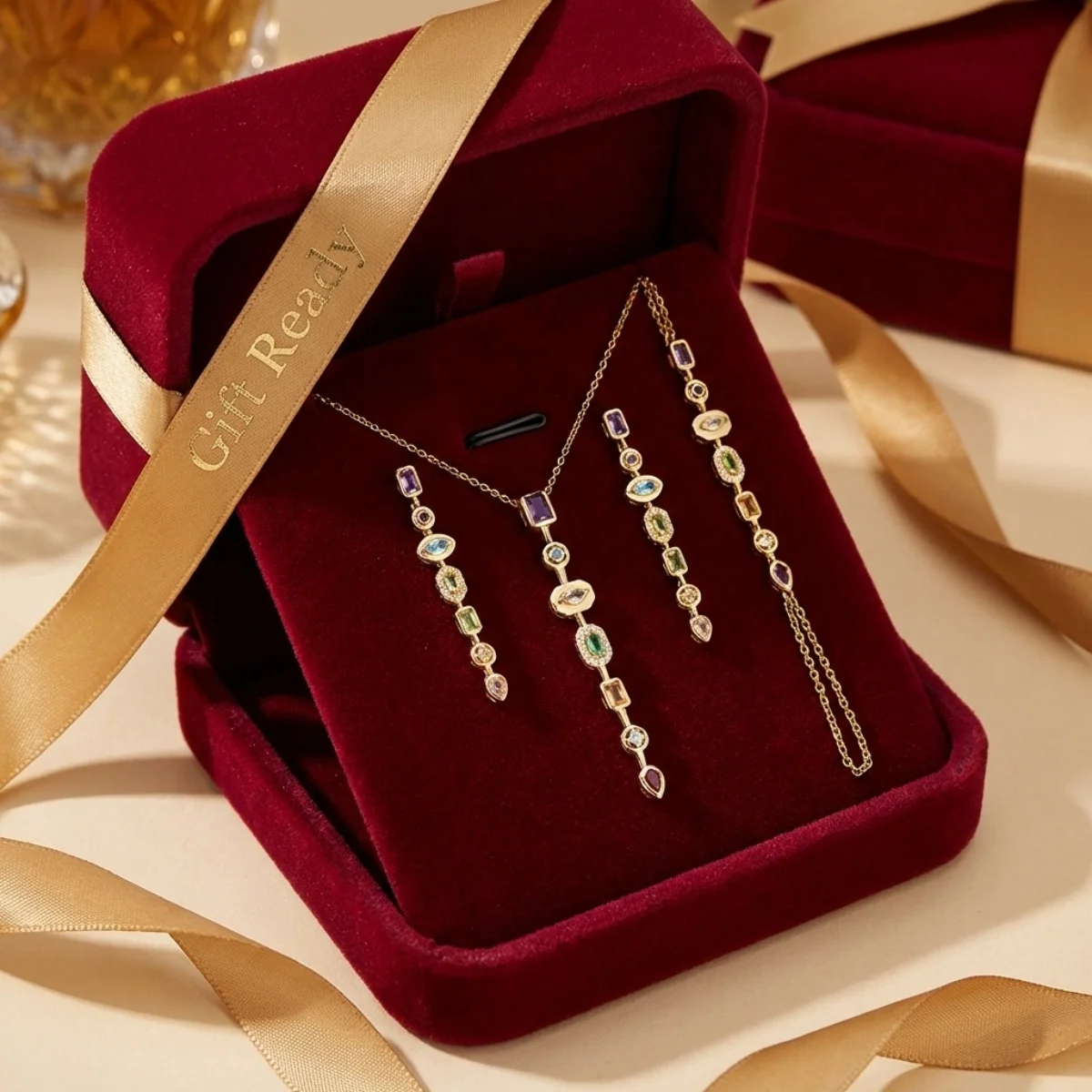 Buntes Zirkon-Schmuckset mit geometrischen Verbindungsstücken, Quastenanhänger, Halskette, Ohrringen und Armband für Damen und Herren, luxuriöses Edelstahl-Schmuckset – Detail 13