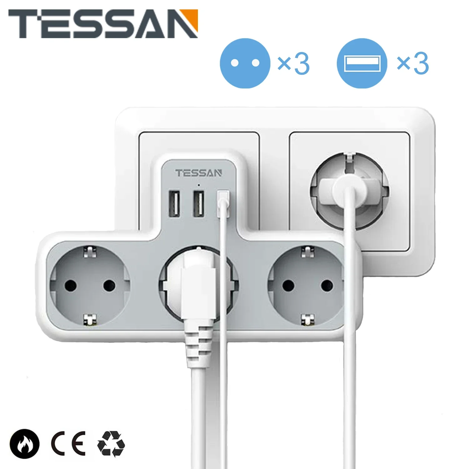 TESSAN Wiele gniazd ściennych z 3 gniazdami AC i 3 portami USB, adapter USB 6 w 1 z zabezpieczeniem przed przeciążeniem do smartfona, tabletu