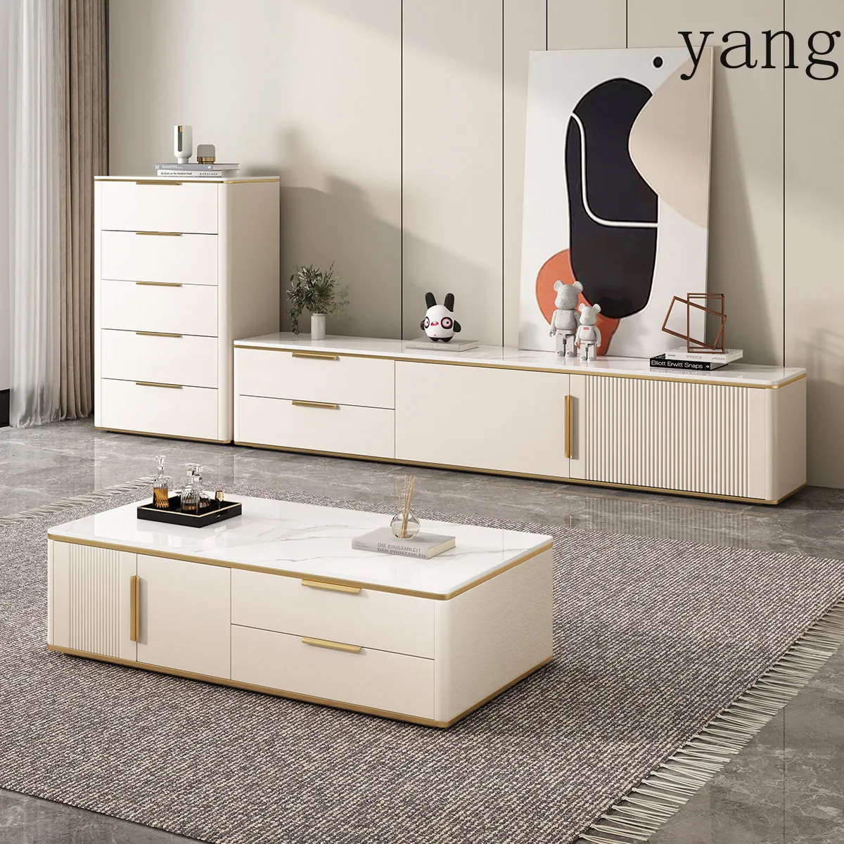 LH all-solid wood rock slab floor-to-ceiling TV cabinet coffee table simple modern light luxury home high-end sense