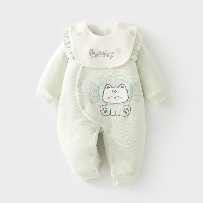 Baby-Overall 120G Baumwollgefüttert Gesteppter Herbst- und Winter-Strampler Verdickter Baumwoll-gepolsterter Strampler mit Lätzchen