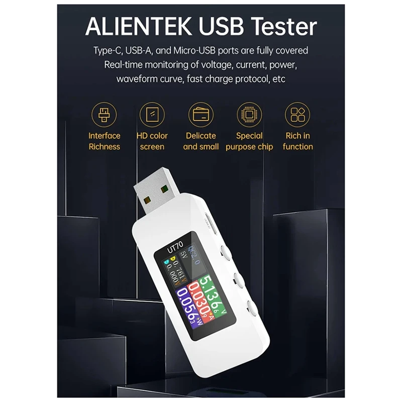 ABYC UT70 USB-tester Digitale voltmeter Ampèremeter Capaciteitsmeting Golfvormweergave Elektricien TYPE-C Detectie Trigger B