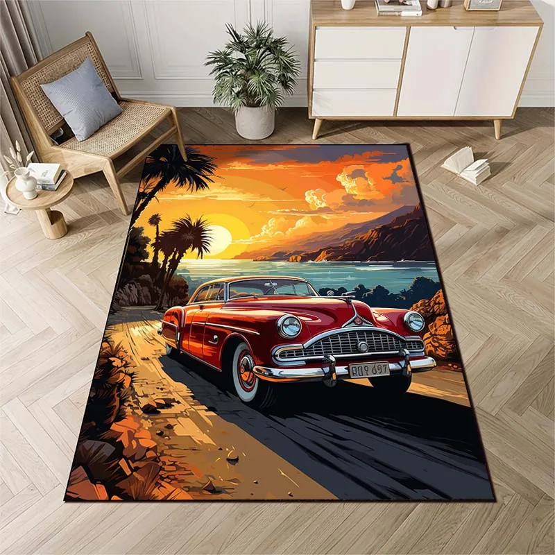 Retro Car Art Pattern Living Room Bedroom Carpet Bedside Bathroom Floor Mat 15 Sizes Area Rug Home Room Decor Custom Pattern