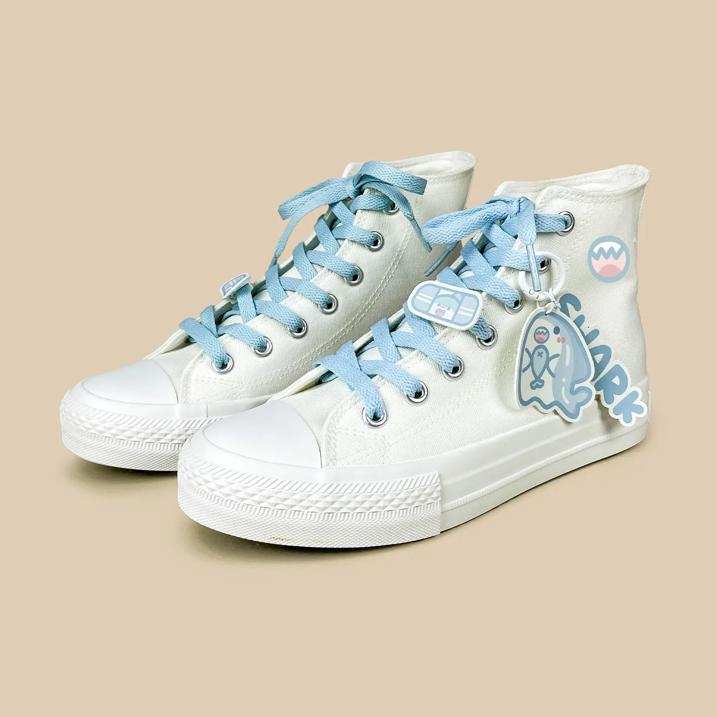 Amy and Michael Cute Women's Shark Canvas Shoes High Top White Casual Sneakers Girls Students Breathable Vulcanized Shoes