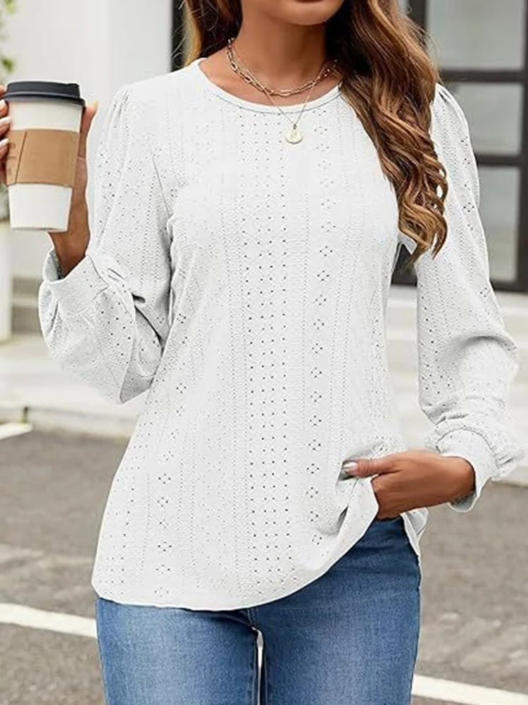 White Long Sleeve Loose Casual Women T-Shirt Hollow Out Vintage Basic O-Neck Female Tops Breathable Confortable Autumn Lady Tees