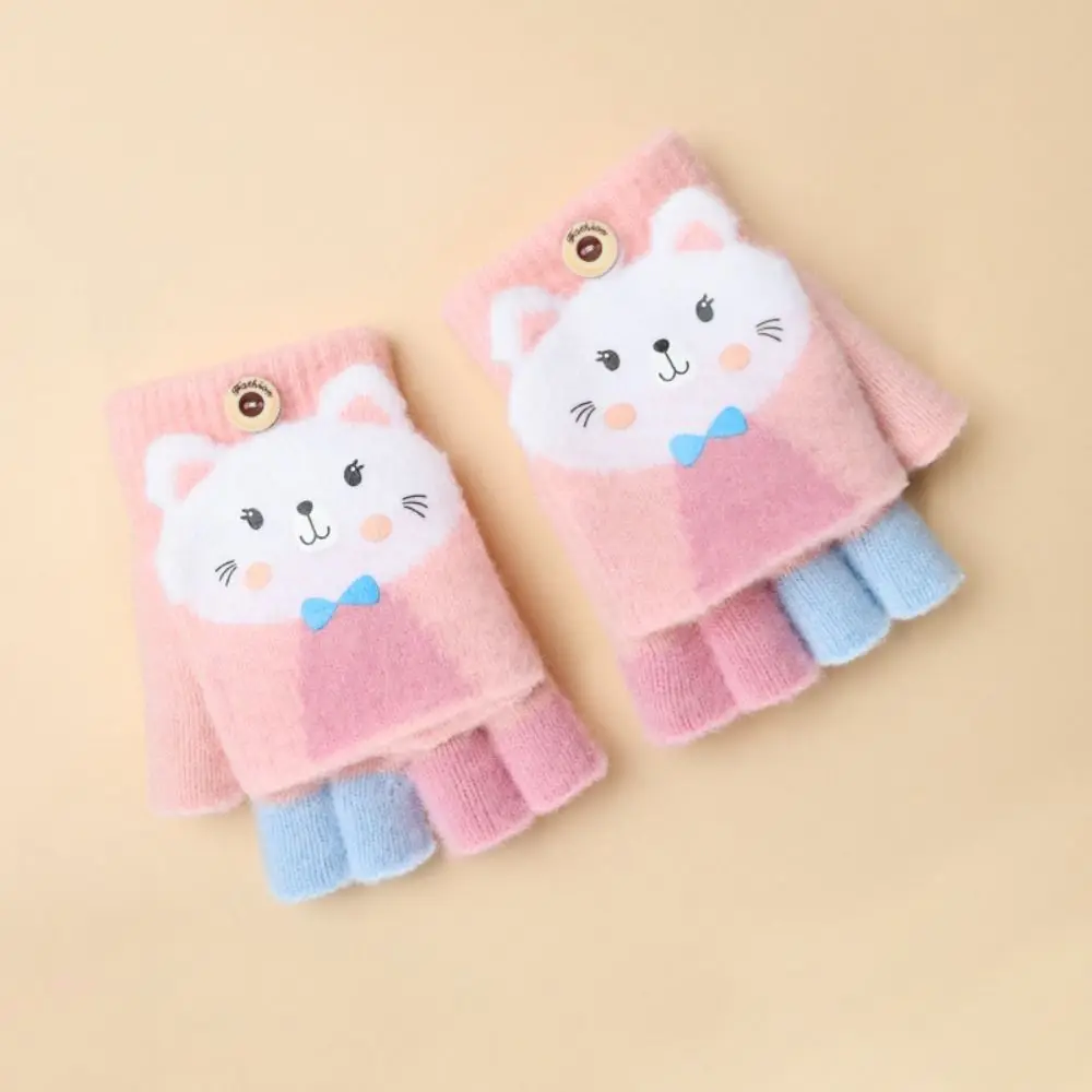 Knitted Fingerless Gloves for Girls Cartoon Cat Ears Baby Mittens Warm Children Winter Half Finger Gloves Baby Accessories