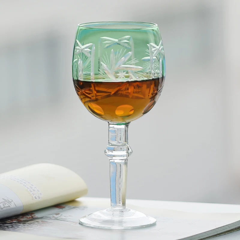 300ml Hand Cut Floral Pattern Edo Kiriko Crystal Tall Glass Whisky Glass Cup  Blue And Green Color with Gift Box 1 PC