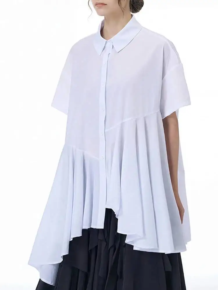 

Pleated Women White Irregular Hem Big Size Blouse New Lapel Short Sleeve Shirt Fashion Spring Summer 2026 AC22