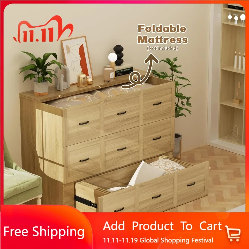 سرير ميرفي بالحجم الكامل - سرير جداري قابل للطي موفر للمساحة في خزانة خشبية مع مساحة تخزين بأدراج كبيرة، تصميم سرير بمنصة مخفية