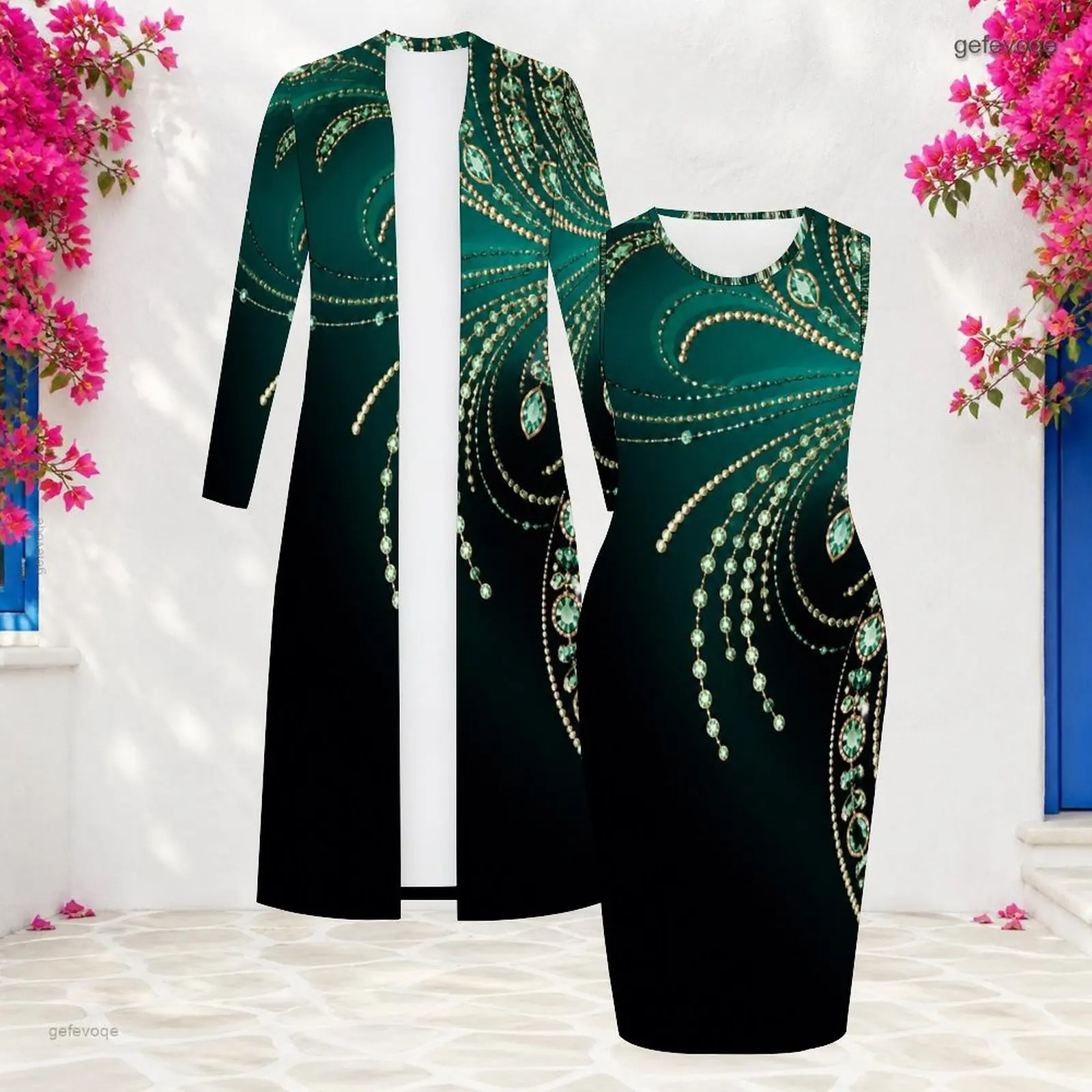 Women Long Sleeve Long Open Front Cardigan Sleeveless Bodycon Dress Two Piece Printed Dress Set