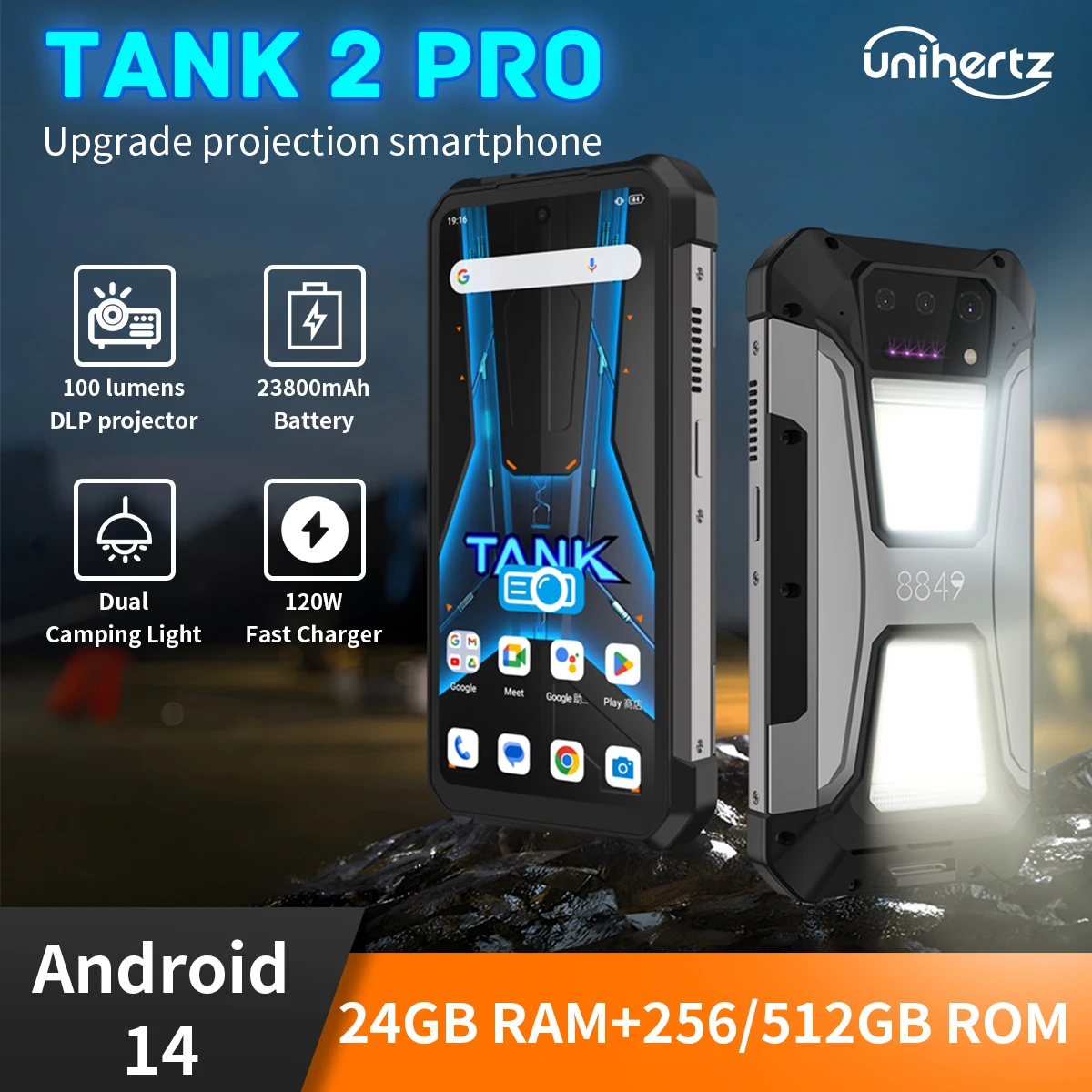 Tank 2 Proスマートフォン,Android,14, 24 GB,Unihertz-8849 GB, 512 mAh,23800 W,120 Zol, Projektor,6,79