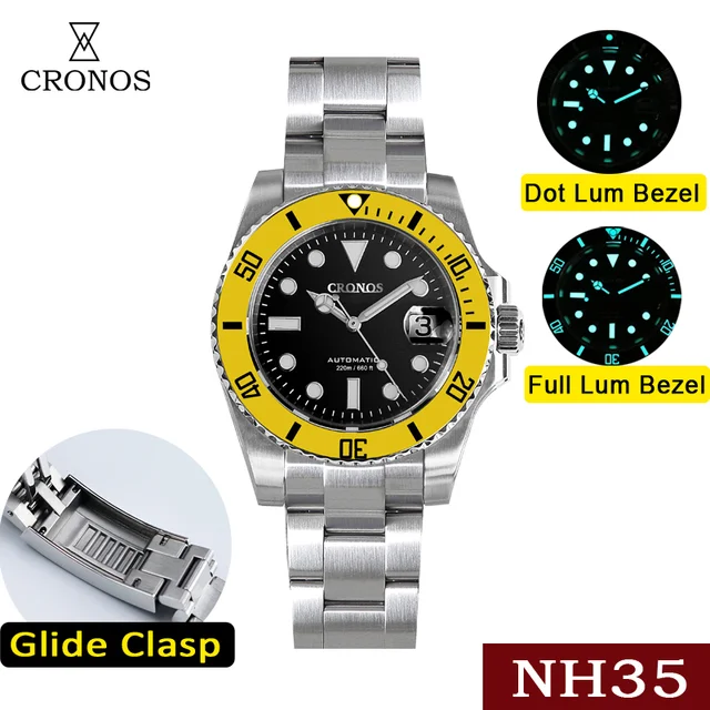 Cronos Sub Diver Men Watch With Date NH35 Brushed Bracelet Ceramic Bezel 20 ATM Waterproof Glideclasp Sapphire Cyclops L6015