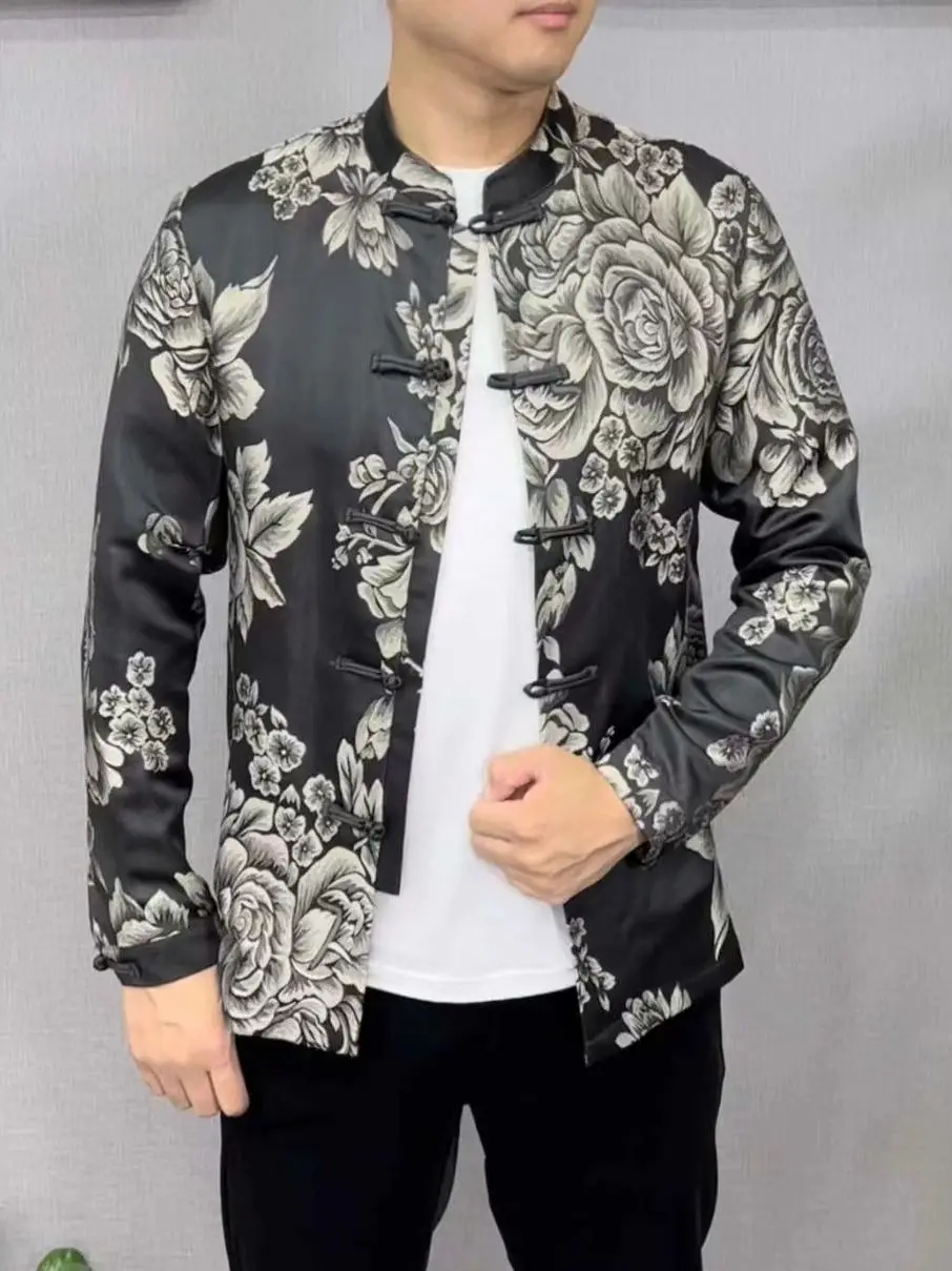 

Men's Comfortable Floral Print Tang Suit irt Faionable Personali High-End Feeling Trendy Retro Sle Autumn New Arrival