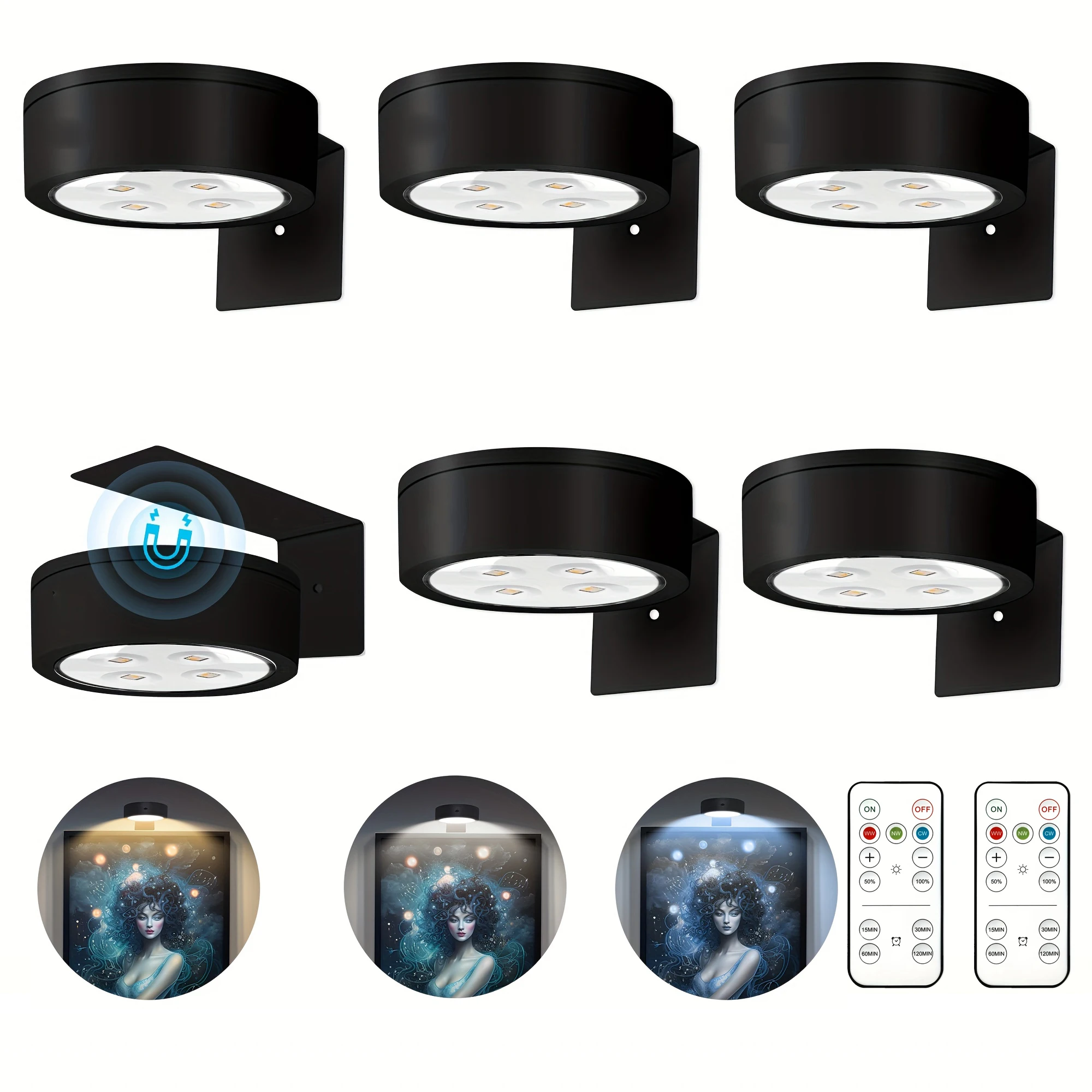 

Современные RGB LED настенные светильники на батарейках без проводов, с пультом ДУ, таймером и регулировкой яркости, для картин и витрин, 3/6 шт.