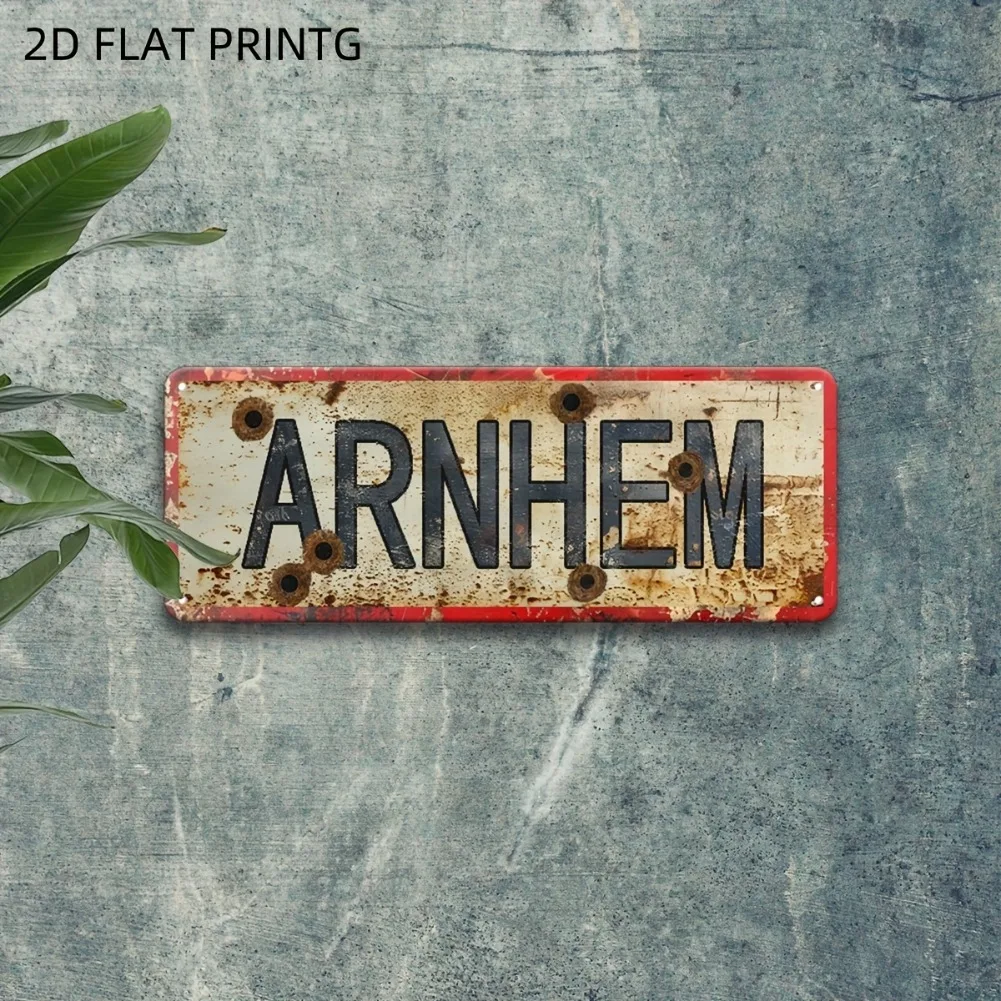 1個 15.7インチ×3.9インチ 2D フラット ヴィンテージ「アルネム」メタルウォールアート - 素朴なステンレススチール装飾、ガレージ/庭/バー用アート
