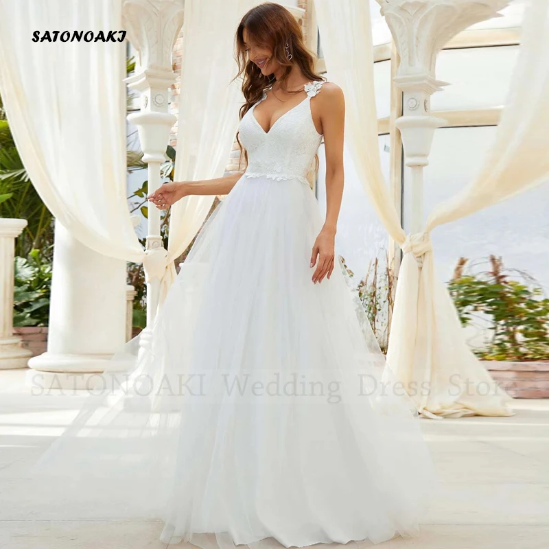 Abito da sposa con spalline sottili con scollo a v Boho elegante personalizzato per le donne abito da sposa principessa a trapezio senza schienale Vestidos De Novia